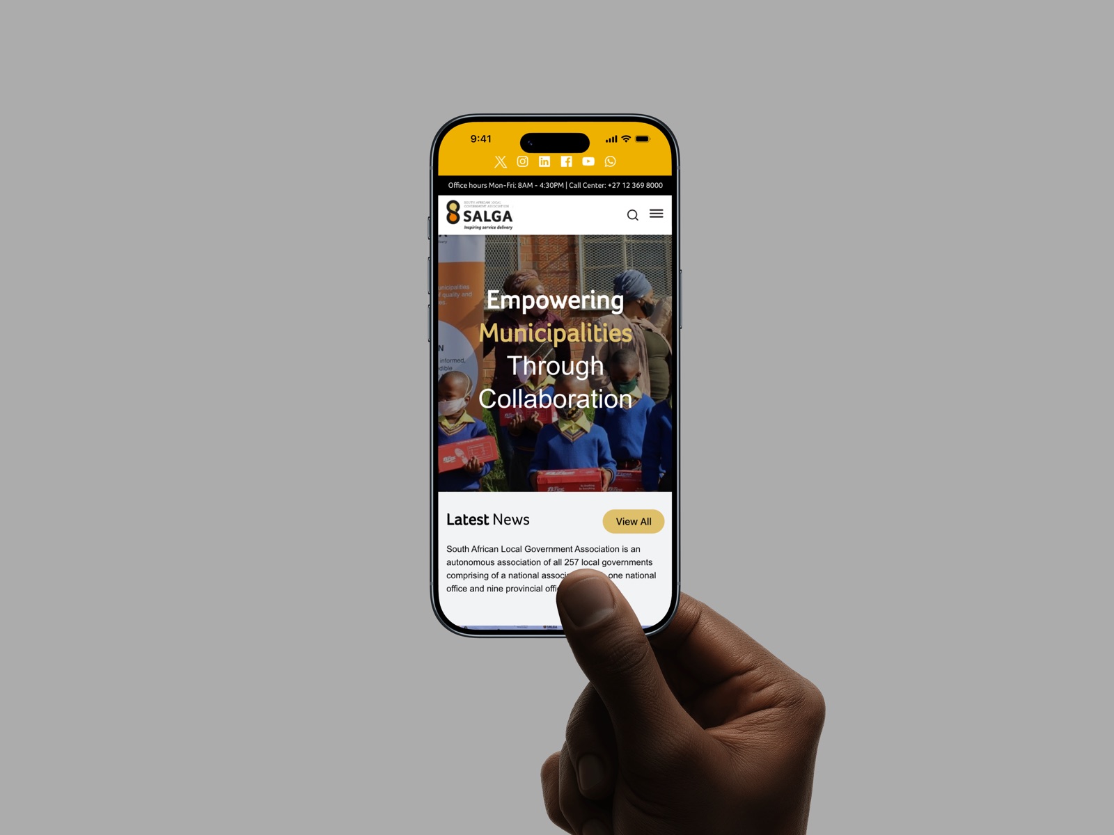 SALGA homepage shown on iPhone — Empowering Municipalities Through Collaboration
